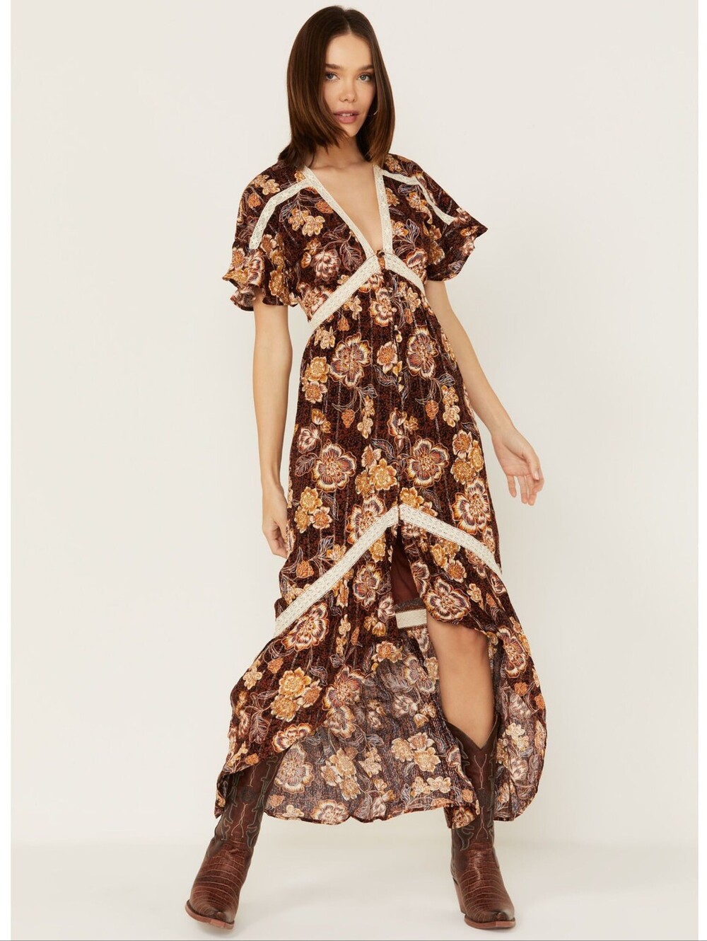 Shyanne Cowgirl Maxi Dress Brown Cream Crochet Trim Large